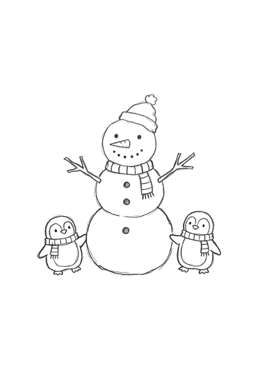 Cute snowman surrounded by two penguins wearing scarves