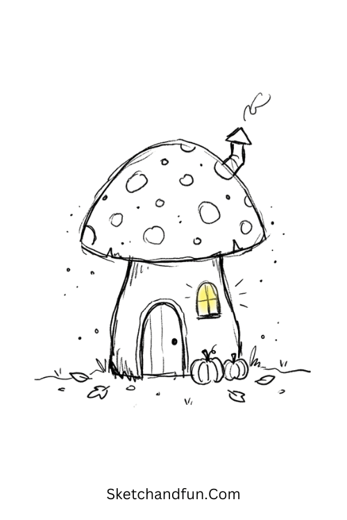 Autumn mushroom cottage drawing with a spotted roof, glowing windows, a tiny chimney, and miniature pumpkins