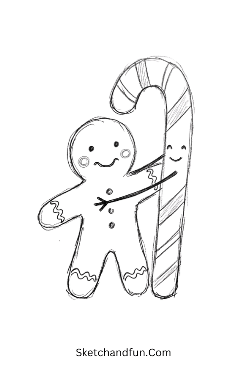 Candy cane hugging a cute gingerbread man Christmas doodle