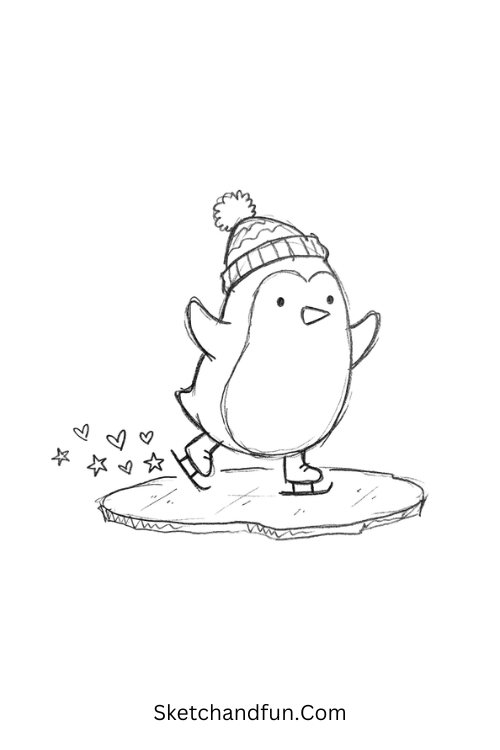 Penguin ice skating drawing wearing a pom-pom hat and winter scarf
