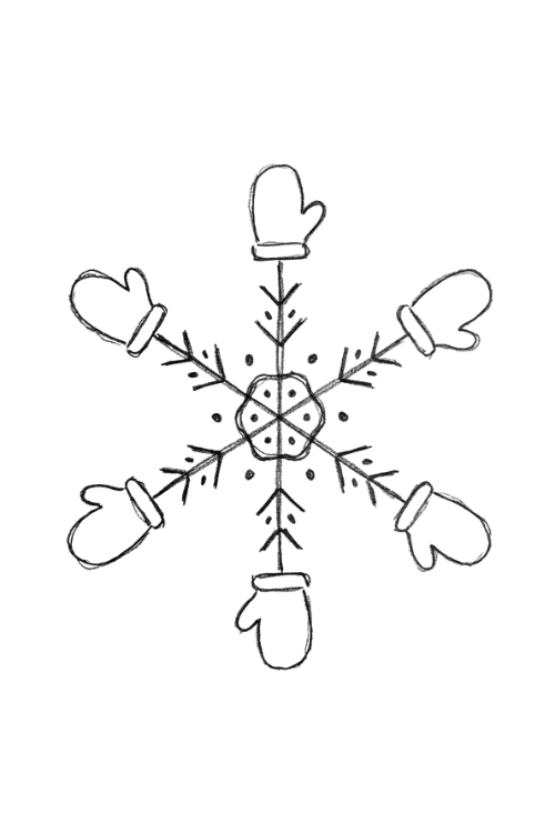 Cute snowflake drawing with tiny mittens on each branch