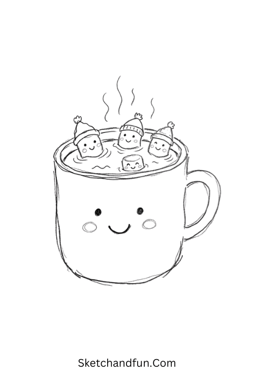 Hot chocolate marshmallow friends drawing featuring a smiling mug and cute marshmallows wearing winter hats