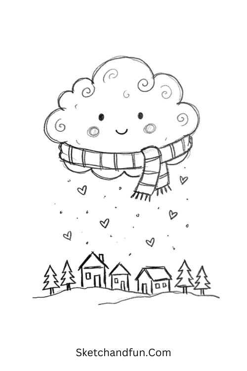 Cute December cloud drawing wearing a scarf and releasing heart-shaped snowflakes