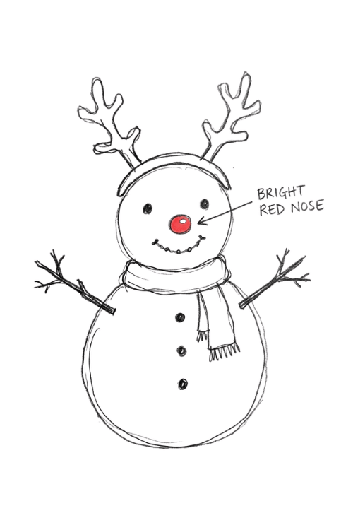 Funny snowman wearing reindeer antlers and a red nose