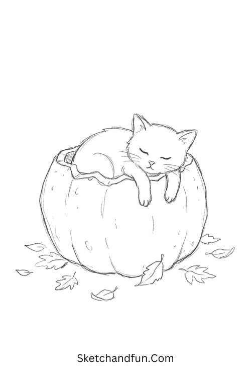 Cute cat in a pumpkin drawing featuring a sleepy kitten curled inside a hollow pumpkin with autumn leaves